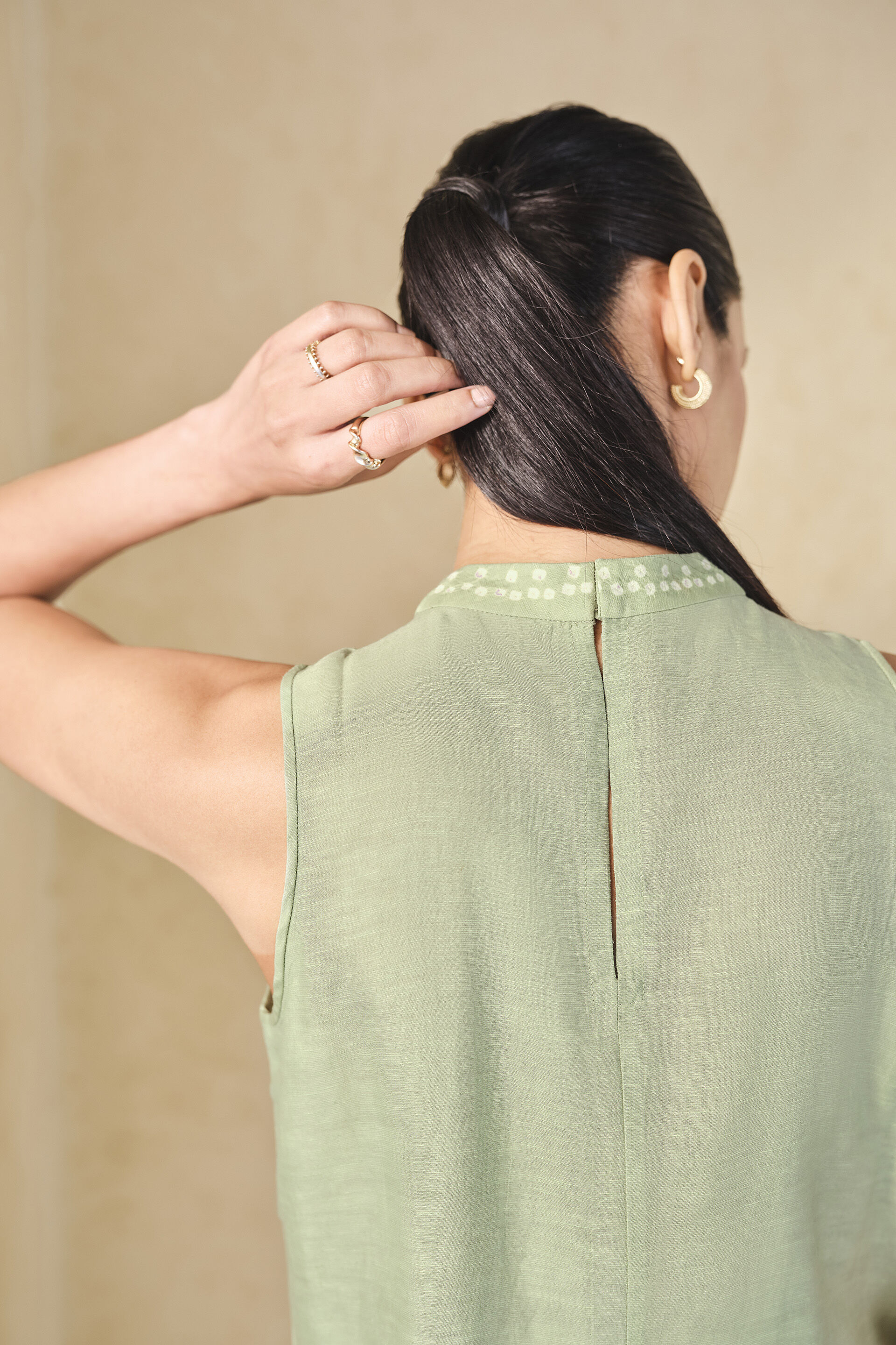 Daylily Handcrafted Bandhani Linen Co-ord - Sage, Sage, image 6